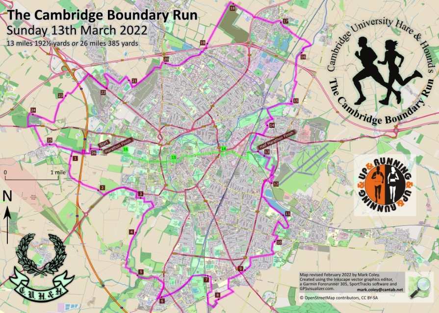 The Cambridge Boundary Run Marathon Route Map 
